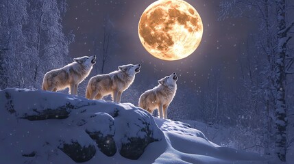 Poster - A pack of wolves howls at the full moon in a snowy forest.