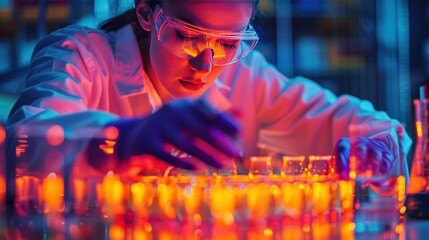 Wall Mural - A vibrant photo of a scientist testing nanotechnology in solar panels, showing how nanoscale particles can enhance energy efficiency and power generation in renewable energy systems