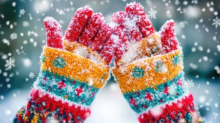 Colorful mittens covered in snow, against a blurred winter backdrop.