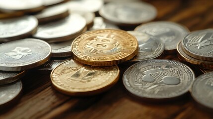 A collection of cryptocurrency coins, highlighting Bitcoin among others.