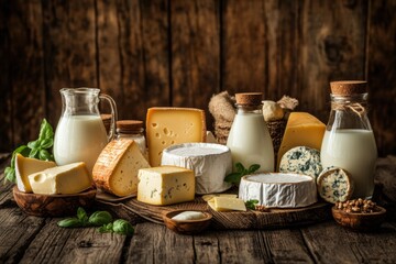 Aufkleber - A rustic wooden table showcases a variety of dairy products, including milk, cheese, and butter, inviting a taste of homemade goodness. Generative AI