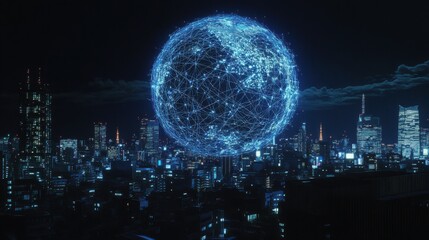 Poster - Futuristic Cityscape at Night with a Digital Globe Illuminating the Urban Skyline and Connecting Global Networks in a High-Tech Environment