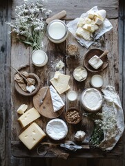 Poster - A rustic wooden table displays various dairy products such as milk, butter, and cheese surrounded by flowers and grains. Generative AI