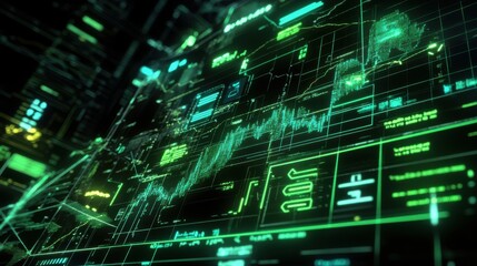 Aufkleber - Futuristic Data Visualization Interface with Neon Green Elements Displaying Financial Charts and Graphs for Technology and Business Concepts