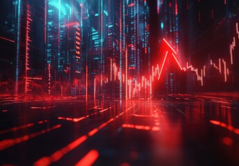 Poster - Futuristic Digital Landscape with Financial Data Visualization Representing Market Trends and Analysis in Vibrant Neon Colors on a Dark Background