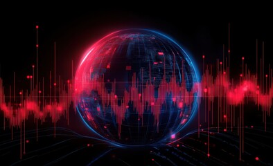 Poster - Futuristic Visualization of Digital Globe Surrounded by Sound Waves and Neon Lights in a Technological Theme for Media and Communication Concepts