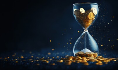 Poster - Golden Coins Flowing Through Glass Hourglass Representing Time and Wealth in a Dark Mystical Environment with Glowing Particles and Soft Lighting