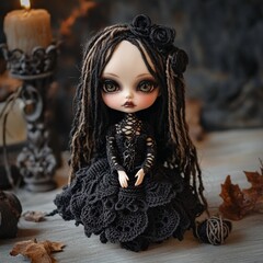 Nice halloween gothic girl witch doll crocheted made of yarn wool beautiful holiday picture handmade decor design art creative craft