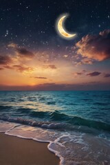 Wall Mural - ramadan kareem background with crescent, stars and glowing clouds above serene sea, copy space - gen