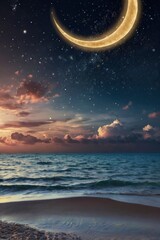 Wall Mural - ramadan kareem background with crescent, stars and glowing clouds above serene sea, copy space - gen