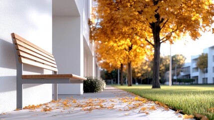 A serene park scene with a bench and autumn foliage.