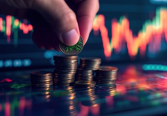 Poster - A hand placing a coin on a stack of coins with vibrant stock market graphs in the background, symbolizing investment and financial growth strategies in trading activities