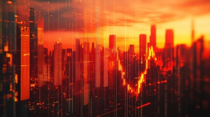 Poster - Illuminated skyline at sunset with stock market data overlays showcasing rising trends and financial growth in a dynamic urban environment filled with skyscrapers