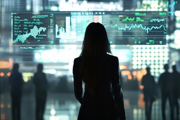 Poster - Silhouette of a Businesswoman Analyzing Financial Data in a Modern Urban Environment Surrounded by Digital Displays and Stock Market Graphs