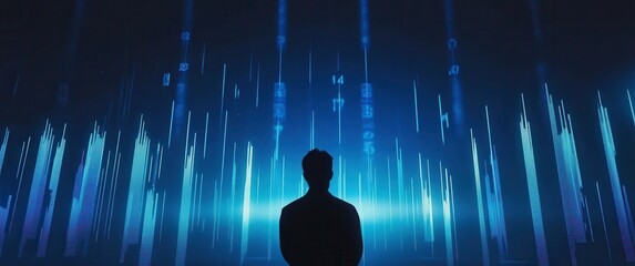 Poster - Silhouette of a Person Contemplating a Futuristic Digital Landscape with Blue Light, Data Visualizations, and Abstract Patterns in an Immersive Environment