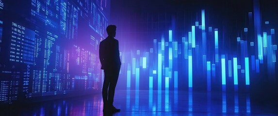 Poster - Silhouette of Business Professional Against Digital Financial Data Visualization in Cool Color Palette Representing Technology and Economy Trends