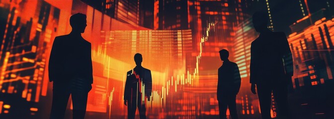 Poster - Silhouetted Business Figures Against a Vibrant Digital Background Depicting Stock Market Trends and Data Analytics in a Modern Financial Environment