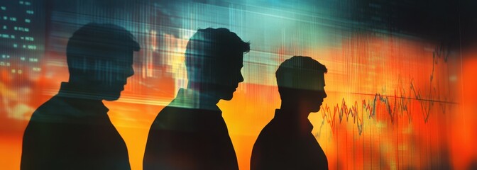 Poster - Silhouetted figures standing against a dynamic background of data visualizations, symbolizing analysis, technology, and innovation in a modern business environment