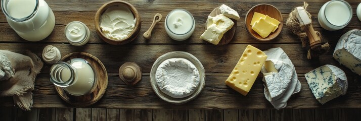 Poster - A rustic wooden table is adorned with an assortment of dairy items such as creamy cheeses, smooth butter, and refreshing milk. Generative AI