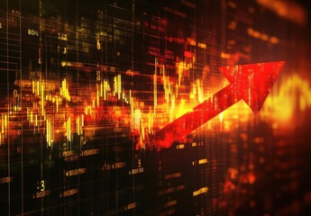 Poster - Abstract representation of financial growth with vibrant colors and upward arrow symbolizing stock market trends and economic progress on a digital interface background