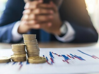 Poster - Stressed Businessperson Analyzing Financial Data with Coins Stacked, Close-Up of Graphs and Charts Depicting Economic Trend, Business and Finance Concept