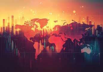 Poster - Stunning Global Business Concept with Colorful World Map and Financial Data Charts Overlaid on Urban Skyline at Sunset for Dynamic Visual Communication