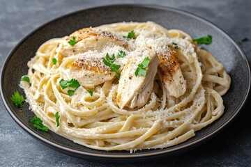 Wall Mural - Delicious plate of creamy chicken fettuccine alfredo topped with parsley and parmesan cheese.