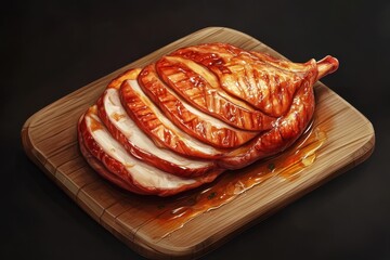 Sticker - A beautifully sliced roasted duck breast on a wooden cutting board, glistening with rich sauce.