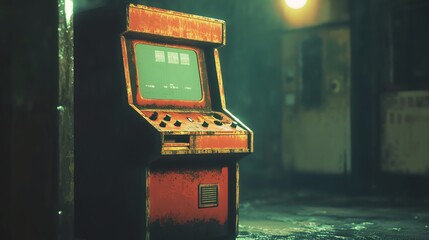Poster - An old, rusty arcade game cabinet is in a dimly lit, abandoned warehouse.