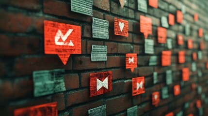 Poster - Colorful Visual Representation of Social Media Icons on a Textured Brick Wall, Highlighting Engagement and Interaction in Digital News Feeds