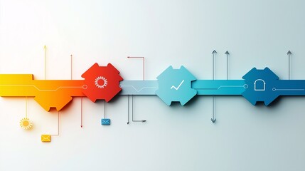 Poster - Colorful Gradient Illustration of Abstract Circles and Icons Representing Business Processes and Workflow Management with Vivid Transitions from Orange to Blue
