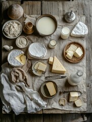 Poster - A rustic wooden table displays an array of dairy products, featuring fresh milk, various cheeses, and creamy butter ready for enjoyment. Generative AI
