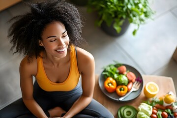 Cheerful black woman enjoying healthy lifestyle with yoga, fresh vegetables, and inspiring fitness journey