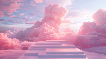 Wall Mural - Enchanted Pink Display Platform with Pastel Sky and Clouds: Whimsical Product Showcase Background