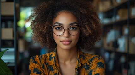 A young African American woman with afro brown hair works in a modern office, managing her online clothing store and live stream platform, SME box packages