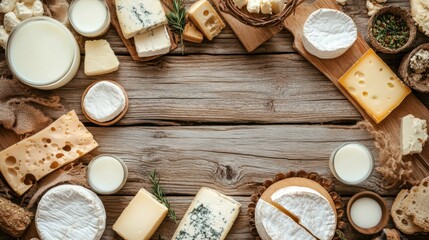 Poster - Fresh dairy delights are displayed on a rustic wooden table, featuring milk, various cheeses, and creamy butter, perfect for sharing. Generative AI