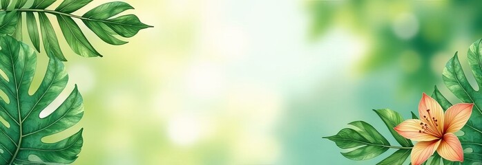 Fototapete - A green leafy background with a few leaves in the foreground