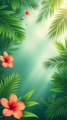 Poster - A tropical scene with green leaves and pink flowers