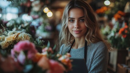 Wall Mural - Beautiful flower shop owner wearing an apron working on a laptop in her store