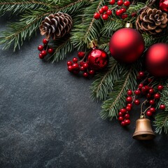 Poster - Red ornaments, pine sprigs, cones, berries, and a bell on a dark stone surface create a festive Christmas scene.