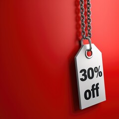 Discount tag showcasing 30 percent off on red background in a retail setting