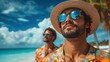 © Eugenia - Dressed in vibrant attire, a man confidently strolls along a sunny beach, enjoying the warm tropical breeze and beautiful ocean views.
