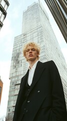 Aufkleber - A man in a black suit stands in front of a tall building