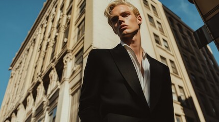 Aufkleber - A man in a black suit stands in front of a building
