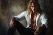 © ALL YOU NEED studio - painting of a handsome, muscular man with long blond hair, wearing a white shirt with an open chest area and dark pants, sitting in dramatic lighting. Romantic fantasy book character.