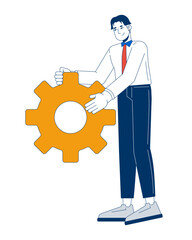  - Positive asian man office worker with gear 2D cartoon character. Corporate employee male carrying mechanism detail isolated person flat vector on white background. Spot illustration colorful