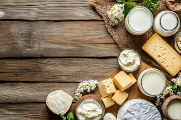 Poster - A rustic table showcases an assortment of dairy products, featuring milk, different cheeses, and butter, surrounded by fresh flowers. Generative AI