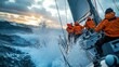© Eugenia - In the midst of turbulent waters, yachtsmen in bright orange gear adjust their course, utilizing satellite communication for optimal racing strategy.