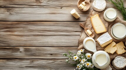 Poster - A rustic table displays a selection of dairy items like milk, butter, and assorted cheeses, accompanied by fresh flowers and natural textures. Generative AI