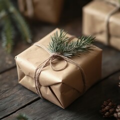 Wall Mural - Eco-friendly Christmas gift wrapped in kraft paper, tied with twine, and decorated with a small pine sprig, minimalist and natural holiday packaging, Scandinavian style, selective focus, copy space